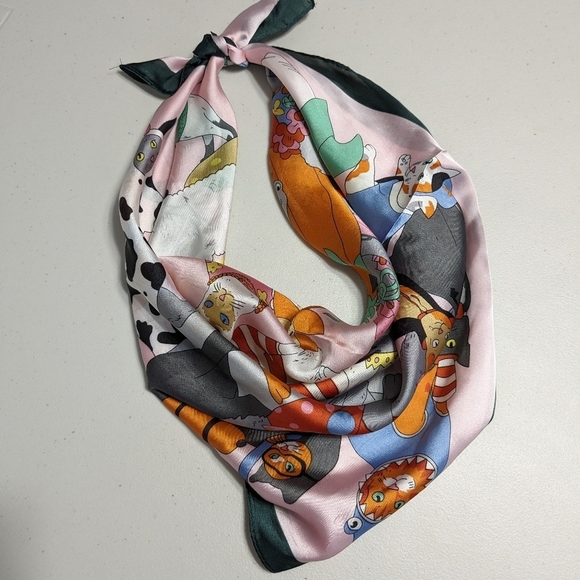 Pink and green whimsical silly cats in costumes silky polyester scarf - Picture 3 of 10
